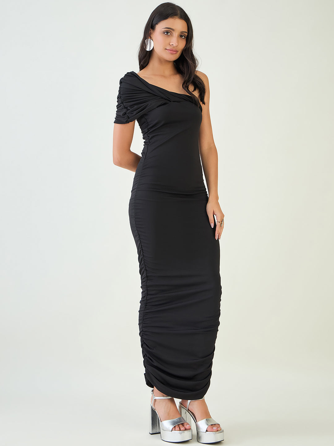 One Shoulder Ruched Bodycon Maxi Dress